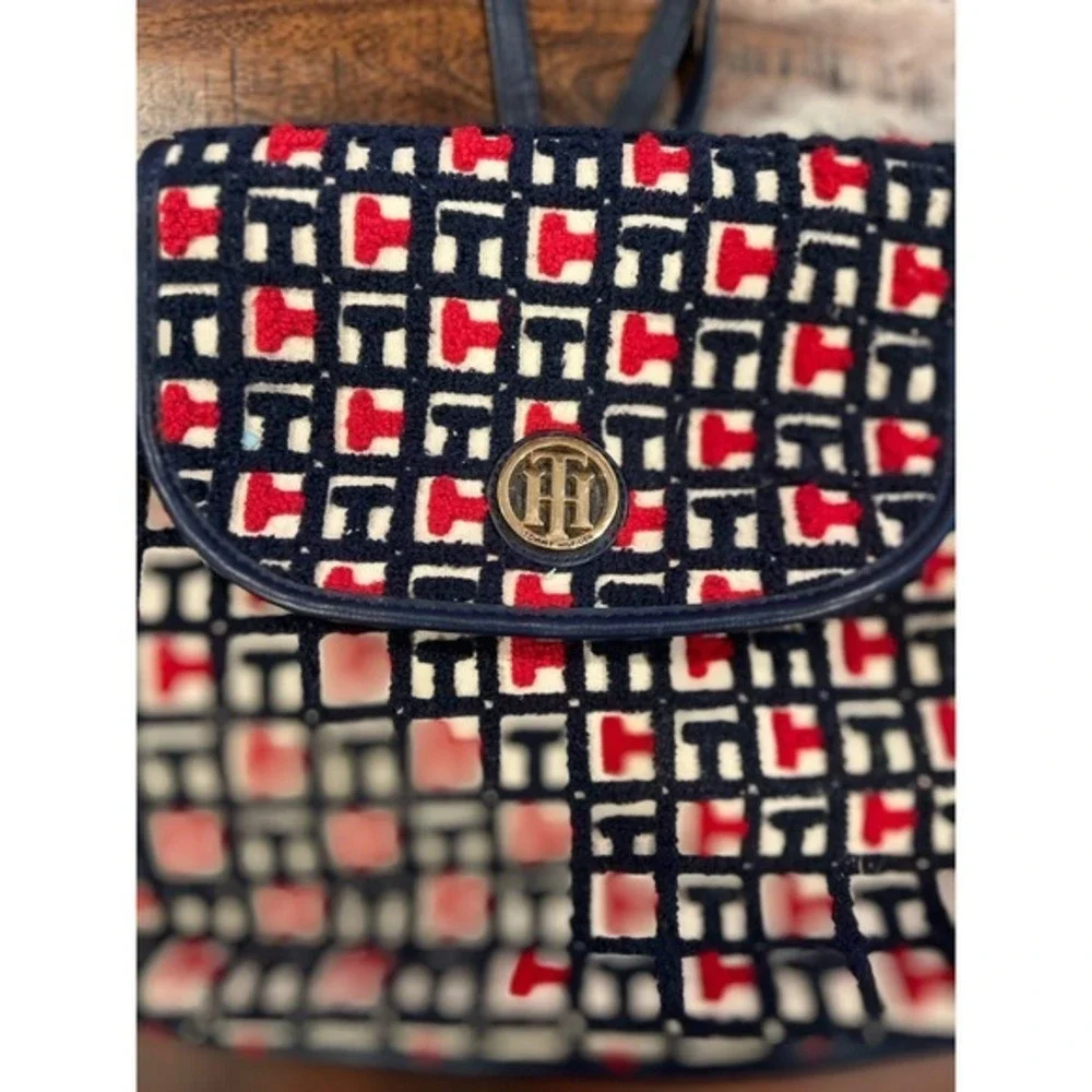 Tommy Hilfiger Chenille Backpack Y2K Logo Red Blue Cream Monogram Logo Bag purse